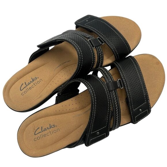 Clarks Elizabelle Ave Women Flat Slide Sandals Black Leather Adjustable Size 9.5 - Picture 4 of 8